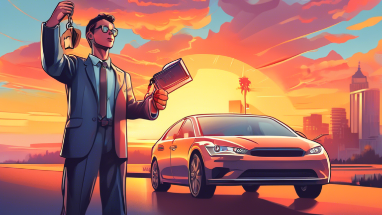 Detailed illustration of a person proudly holding the keys to a new car, with a large, translucent gavel symbolizing bankruptcy in the background, and a financial guidebook floating above an open calculator, all set against a backdrop of a hopeful sunrise.