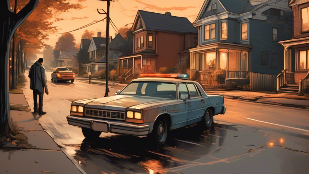 An artistic representation showcasing the moment of a car being towed away in the evening on a quiet street in Ontario, with a visibly distressed car owner looking on, framed by a guide book on car repossession laws and rights floating in the foreground.