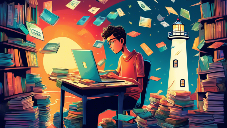 digital illustration of a young adult sitting at a desk covered with financial books and a laptop, visual metaphors like a tiny boat navigating through a sea of credit cards and a lighthouse shining a light on a safe path forward, in a whimsical, informative style