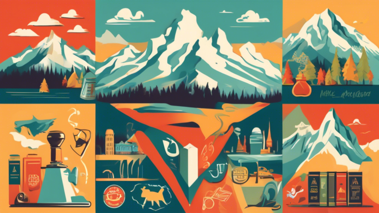 An illustrated guidebook surrounded by various legal icons and symbols, with the majestic Alberta mountains in the background, depicting the theme of understanding collection agency laws in Alberta.