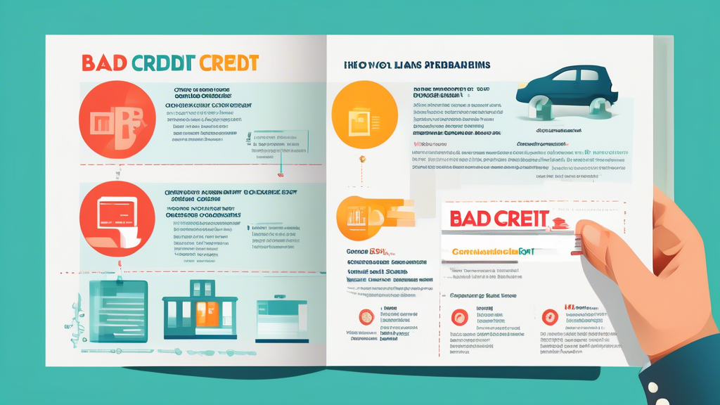 An infographic explaining the concept of consolidation loans for bad credit, featuring illustrated steps on how they work and their benefits, set against a background of financial documents and credit score reports.