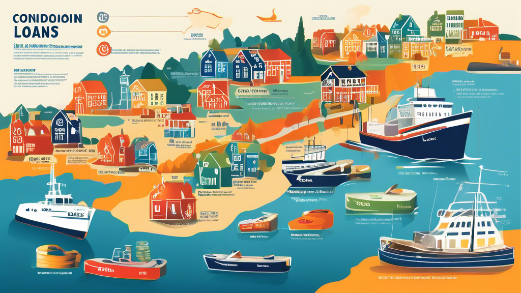 An infographic showcasing various consolidation loans options and their benefits in Nova Scotia, Canada, with icons representing savings, credit scores, and landmarks like the Halifax Waterfront and Cabot Trail.