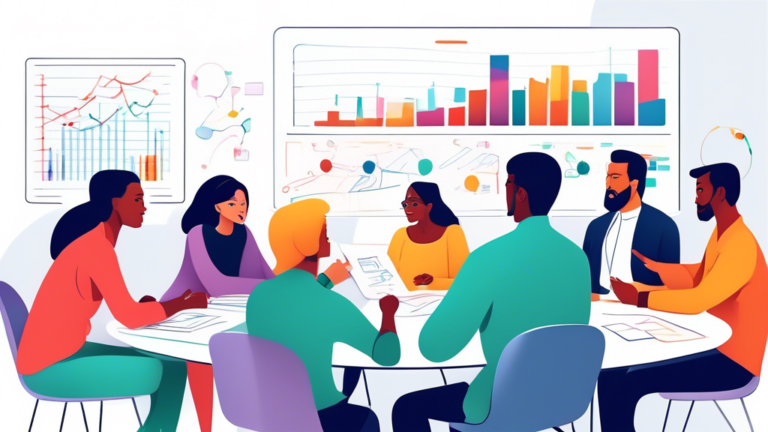 Create an image of a diverse group of people sitting around a table, deeply engaged in conversation and analyzing documents, with a clear, visible chart showing the structure of a consumer proposal process on a whiteboard in the background.