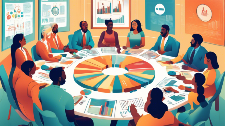 Create a detailed illustration of a diverse group of people sitting in a circular discussion group, sharing colorful, symbolic representations of debt (such as chains breaking, sinking boats, heavy weights), while a calm, professional figure at the front of the room educates and offers solutions with visual aids depicting rising graphs, shields, and keys to unlock shackles, symbolizing the concept of consumer proposals and financial liberation, all set in a warm, inviting seminar room.