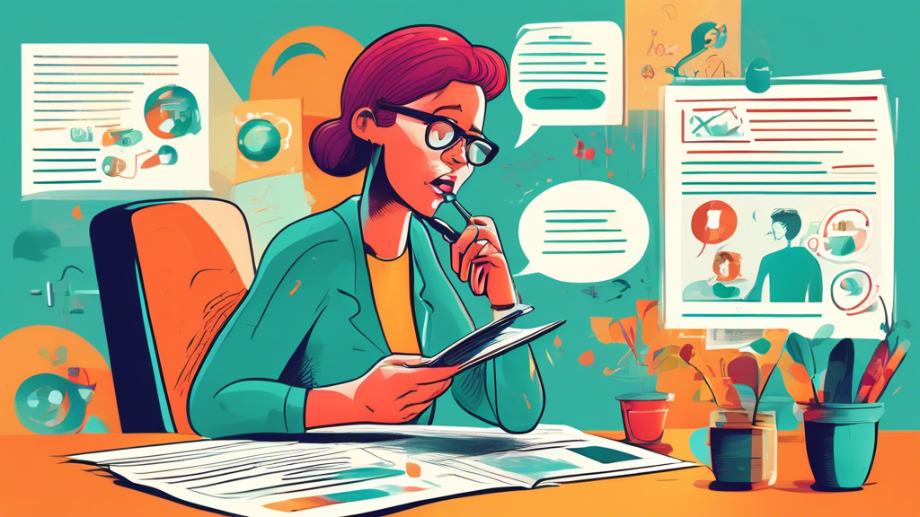 An illustrator visualizing a person sitting at a table, reviewing a detailed consumer proposal document with a magnifying glass, surrounded by insightful comments and ratings in speech bubbles, in a style that blends financial seriousness with a touch of cartoonish whimsy.