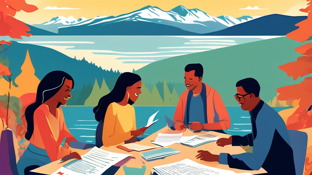 An illustrated guide on navigating consumer proposals in British Columbia, featuring diverse individuals reviewing documents and making financial plans together around a table, with scenic views of British Columbia's nature and landmarks in the background.