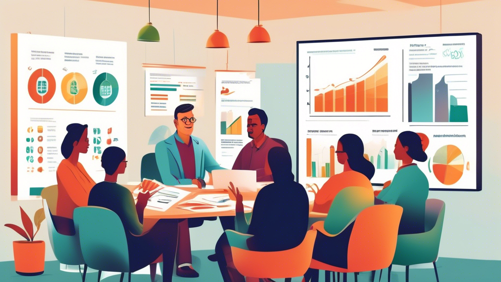 Create an illustration of a friendly financial advisor explaining consumer proposals to a diverse group of interested individuals in a cozy office in Burnaby, with visual aids like charts showing debt management strategies prominently displayed.