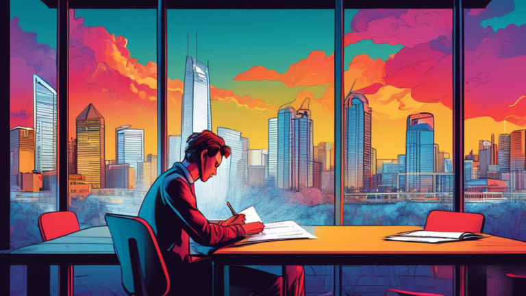 An artistic and detailed illustration of a person sitting at a desk in Calgary, Alberta, carefully reviewing and signing a consumer proposal document, with the iconic Calgary skyline in the background.