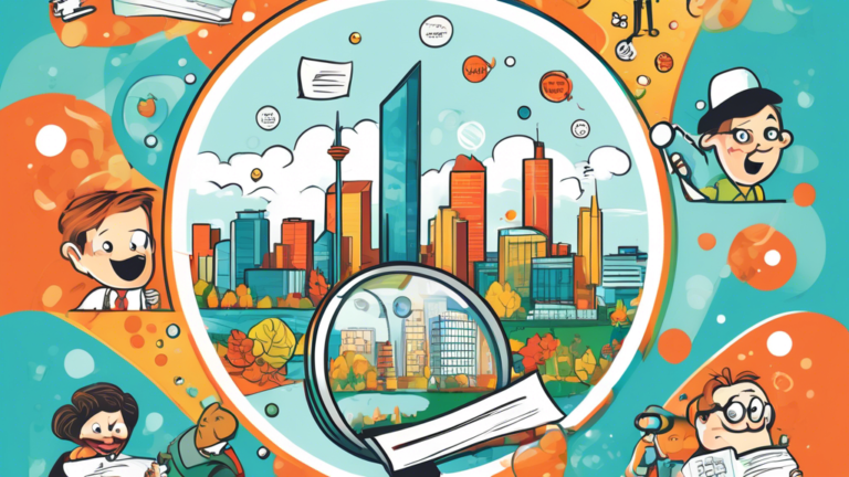 An illustrated guidebook cover, featuring the iconic Edmonton skyline, with friendly cartoon characters holding a magnifying glass over a document titled 'Consumer Proposals', surrounded by Canadian dollars and informative bubbles, in a welcoming, cartoonish style.