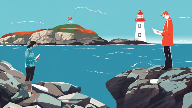 An illustration of a person standing on a rocky coastline of Newfoundland and Labrador, examining documents with 'Consumer Proposal' written on them, while a lighthouse beams guidance in the background.