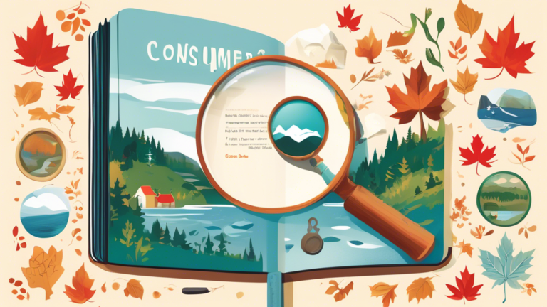 An illustrated guidebook cover featuring a serene Nova Scotia landscape as the backdrop, with a magnifying glass highlighting the words 'Consumer Proposals' written on a parchment, surrounded by icons of financial symbols and Canadian maple leaves