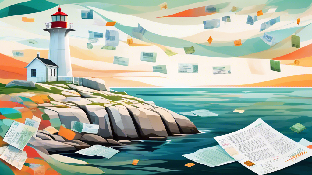 A serene landscape of Peggy's Cove Lighthouse in Nova Scotia, overlaid with transparent, floating financial documents and calculator icons, portraying a harmonious blend of nature and financial recovery through consumer proposals.