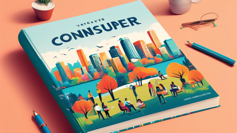 An illustrated guidebook cover design featuring the scenic Vancouver skyline with people of diverse backgrounds gathering around a large, open book that has 'Consumer Proposals' written on it, symbolizing unity and financial education in a community setting.