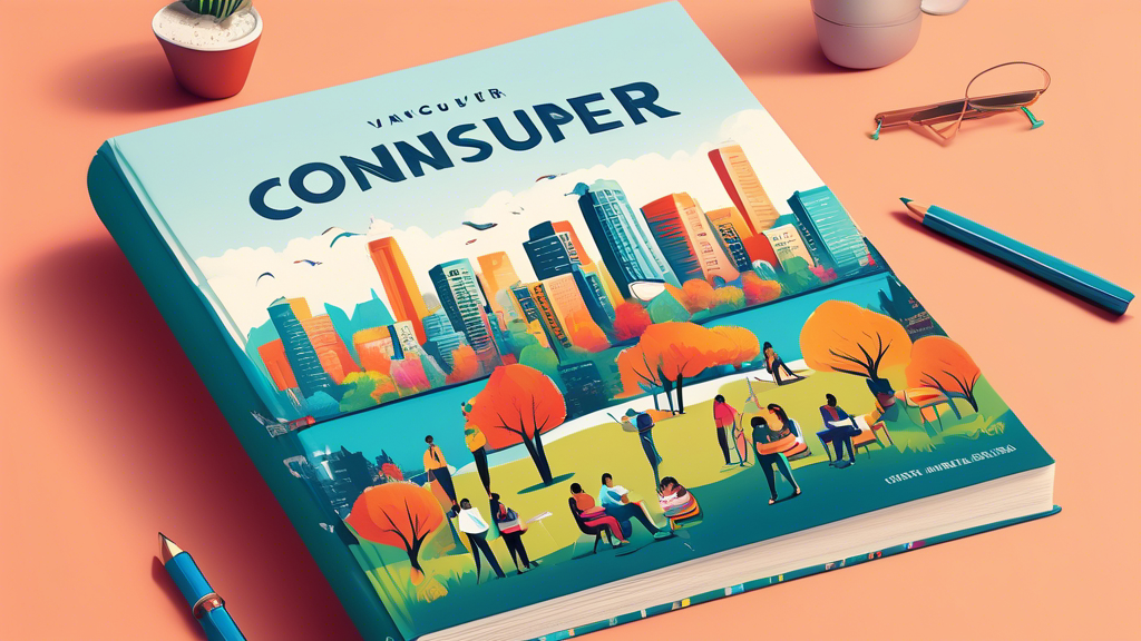 An illustrated guidebook cover design featuring the scenic Vancouver skyline with people of diverse backgrounds gathering around a large, open book that has 'Consumer Proposals' written on it, symbolizing unity and financial education in a community setting.