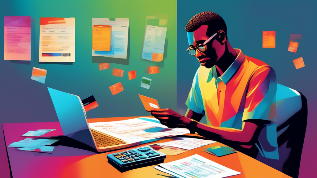 Detailed digital artwork of a person thoughtfully examining a credit card while sitting at a table covered with financial documents, a laptop displaying a consumer proposal form, and a calculator, with a visible feeling of hope and strategy planning.