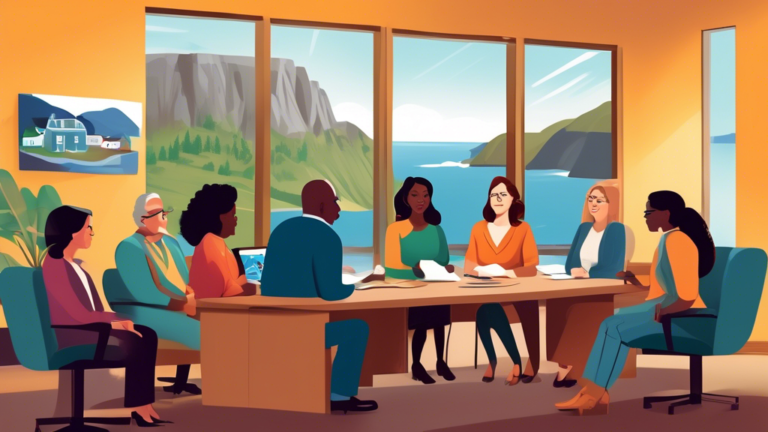 An illustrative scene of a friendly credit counselor providing guidance to a diverse group of people in a cozy office setting, with iconic Newfoundland and Labrador landscapes in the background, conveying trust and support in financial planning.