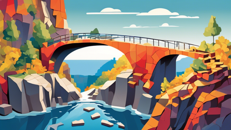 Create an illustration of a serene landscape in Quebec, featuring a bridge made of puzzle pieces connecting two cliffs, symbolizing the concept of debt consolidation, with a guide book lying open on the foreground rock, under a clear morning sky.