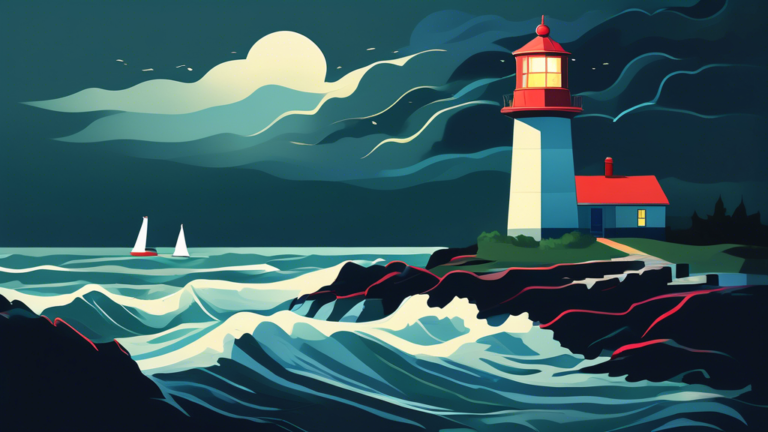 A serene and hopeful illustration of a lighthouse in Nova Scotia, casting light onto a path leading through dark, stormy waters to a safe, sunlit shore, symbolizing guidance and clarity in navigating debt relief options.