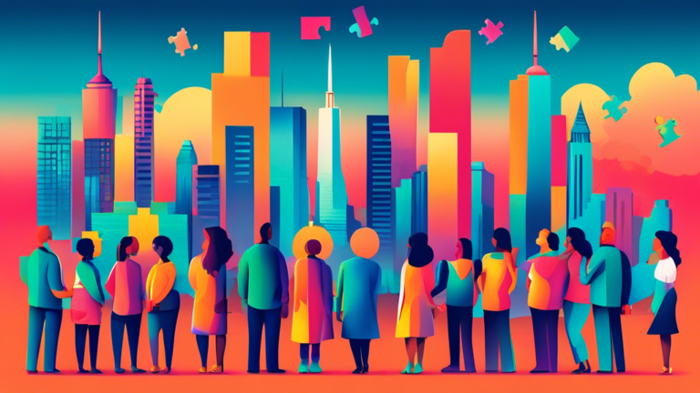 A vibrant illustration of a diverse group of people standing in front of the iconic Toronto skyline, each holding different puzzle pieces that fit together to form a large, glowing symbol of a dollar sign, symbolizing finding solutions through understanding debt relief options.