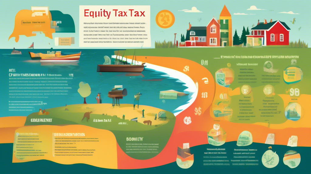 A colorful and detailed infographic illustrating the concept of Equity Tax Credit in Prince Edward Island, featuring icons of money, tax forms, and the PEI landscape, with easy-to-understand bullet points highlighting key points.