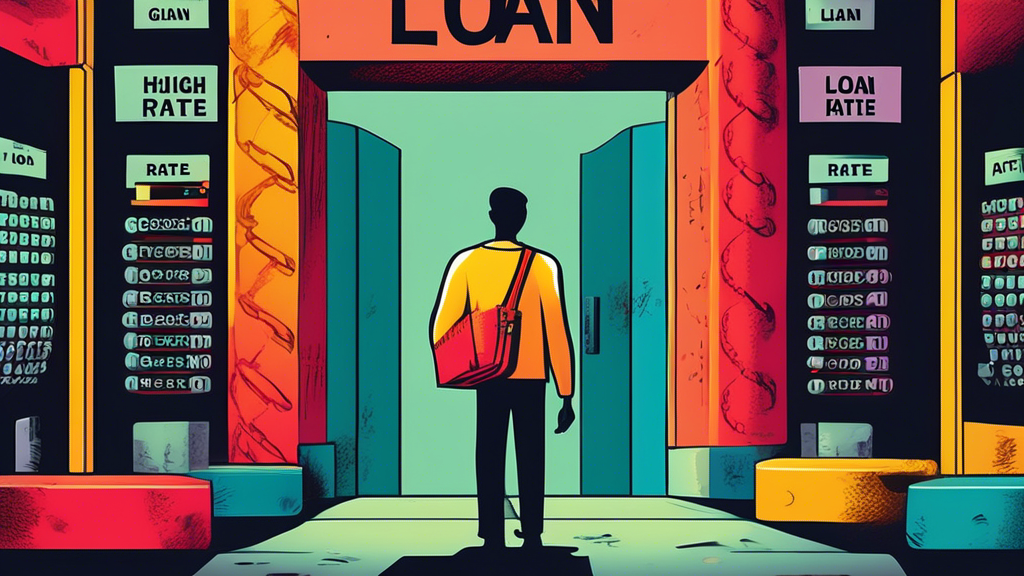 An illustration of a worried person holding several heavy chains labeled with high-interest rates, standing at the entrance of a bright pathway leading to a giant calculator displaying a lower interest rate, with 'Loan Consolidation' written in bold letters above the entrance.