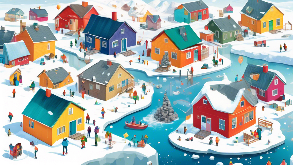 Aerial illustration of a small, colorful community nestled within the snowy landscape of Nunavut, with various financial icons and symbols floating above the houses, representing loans and financial education materials