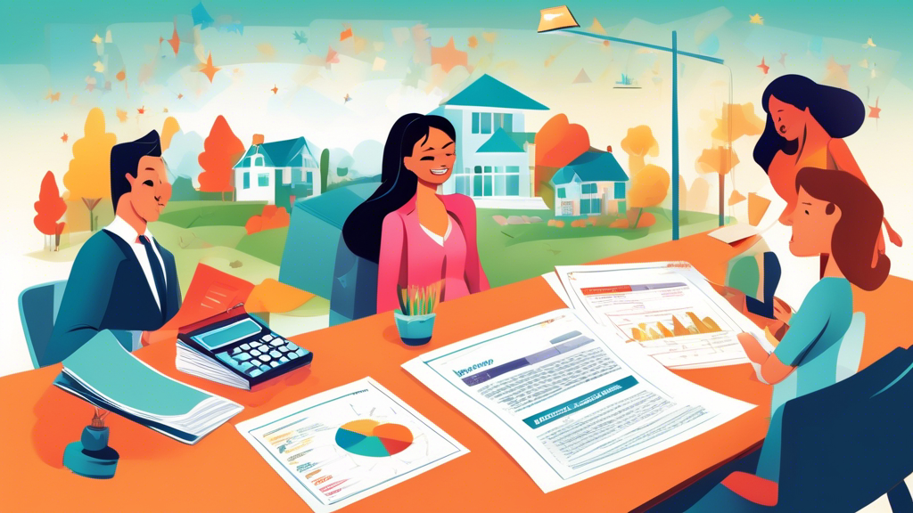 An illustrated guide on a desk, showing a happy family reviewing mortgage rates with a financial advisor, beside a document labeled 'Consumer Proposal Completion', with a backdrop of a dream home and a rising graph symbolizing mortgage rates.