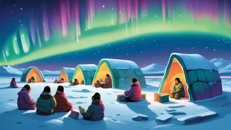 An illustration of a small Inuit community in Nunavut with colorful igloos, where people are reading a large open book titled 'Understanding Payday Loans' under the northern lights.