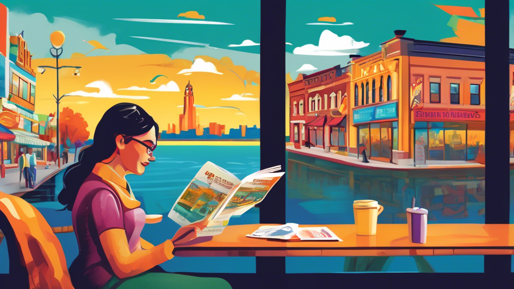 Create an image of a person thoughtfully reading a brochure titled 'Understanding Payday Loans in Sault Ste. Marie' at a cozy cafe with iconic landmarks of Sault Ste. Marie in the background.