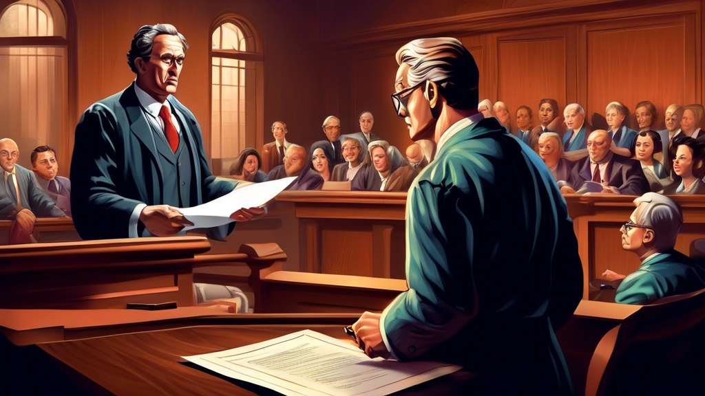 A detailed courtroom scene depicting a lawyer presenting a Proof of Claim document under a magnifying glass to an attentive jury, with a judge observing intently in the background, in a style of classical realism.