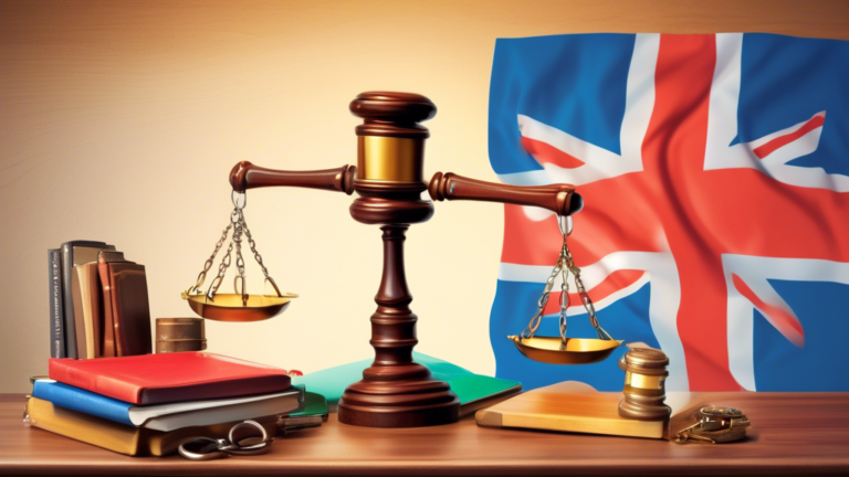 An illustrated guidebook prominently displayed on a wooden table with the Ontario flag in the background, surrounded by symbols of legal scales, a gavel, and keys, subtly hinting at the theme of repossession laws.