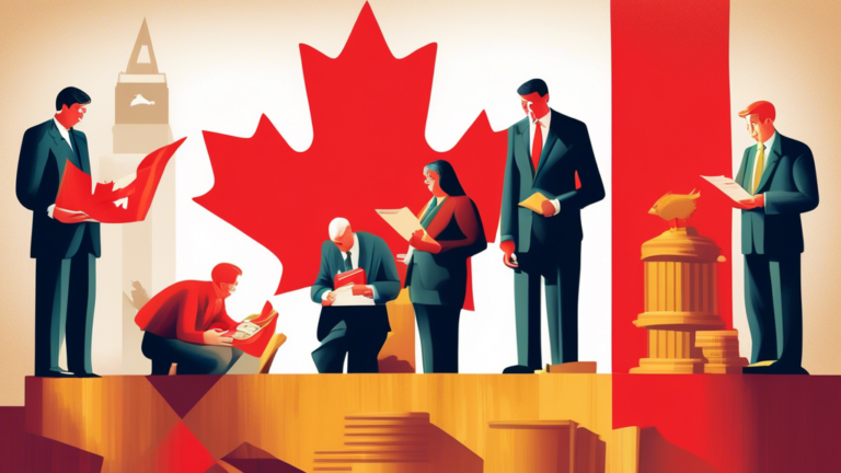 An illustration depicting a group of trustees carefully inspecting and managing a large, symbolic bank account against the backdrop of a Canadian flag, symbolizing their oversight role in the financial landscape of Canada.