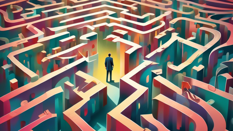 A complex maze made of financial documents and legal papers with a confused person standing at the entrance and a bright exit sign labeled 'Financial Freedom' in the distance, all depicted in a style that combines realism with slight caricature for emphasis.