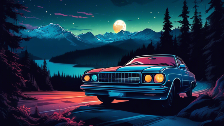 Dramatic illustration of a car being repossessed under a moonlit sky with the picturesque backdrop of British Columbia mountains and forests.