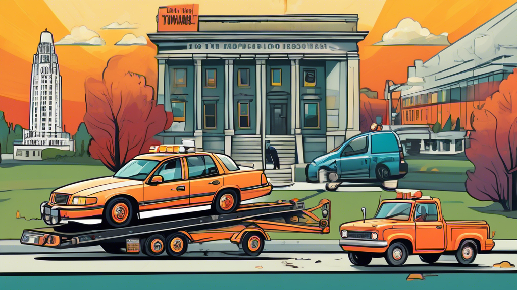 Detailed illustration of a tow truck repossessing a car in front of a recognizable Ontario landmark, with educational annotations explaining the vehicle repossession process.