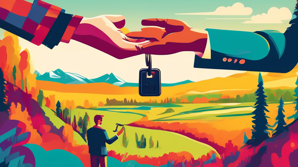 Illustration of a person handing car keys to a bank representative against a backdrop of Alberta's landscape, symbolizing voluntary repossession.