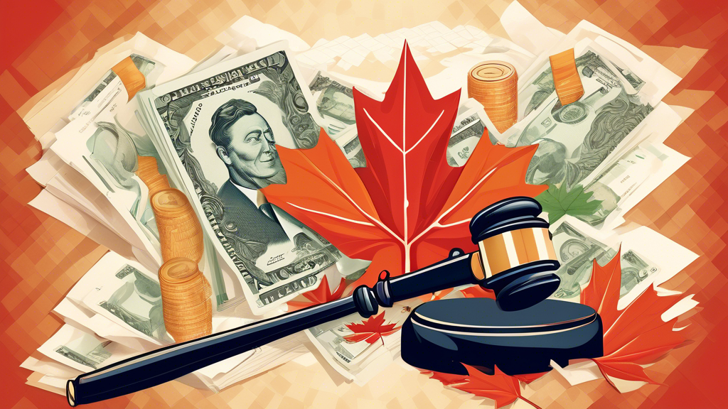 An intricate illustration of a gavel and a Canadian maple leaf entwined with flowing paper currency and legal documents, symbolizing the intersection of law and finance in Canada.