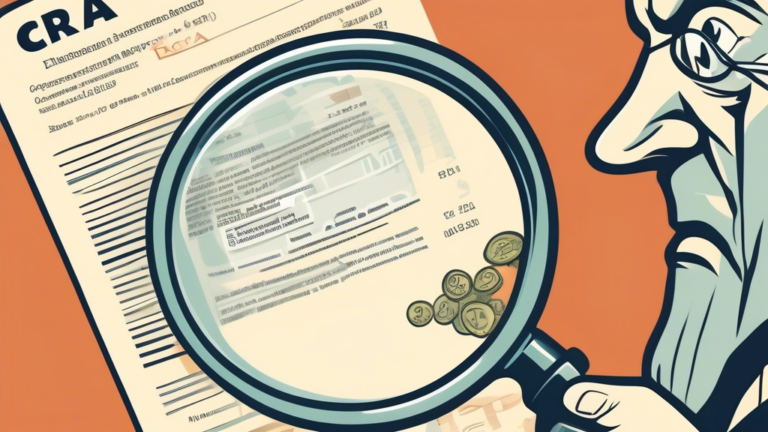 A detailed illustration of the Canadian Revenue Agency (CRA) as a character gently but firmly taking a portion of wages from a person's paycheck, under a magnifying glass held by the hand of Justice, with informative footnotes explaining wage garnishment by the CRA.