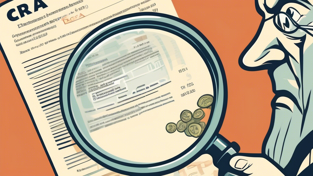 A detailed illustration of the Canadian Revenue Agency (CRA) as a character gently but firmly taking a portion of wages from a person's paycheck, under a magnifying glass held by the hand of Justice, with informative footnotes explaining wage garnishment by the CRA.