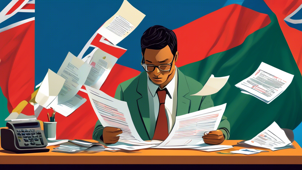 Detailed illustration of a person sitting at a desk, reading a document about wage garnishment laws, with a calculator and legal documents scattered around, set against the backdrop of the Ontario flag.