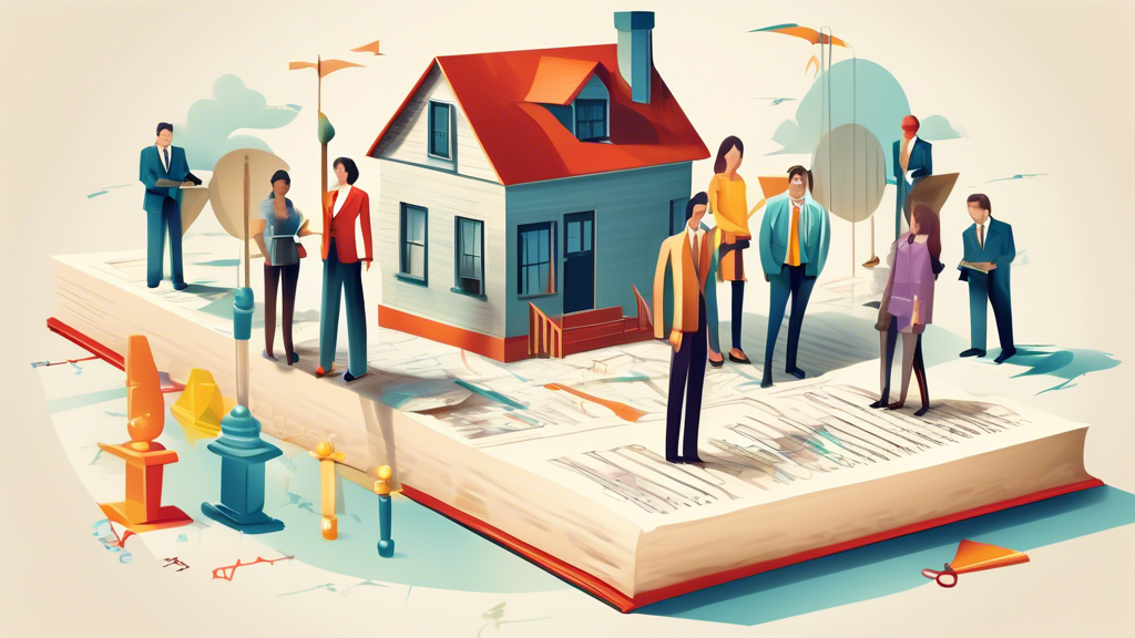 A detailed illustration showing a group of people representing different entities (a contractor, a government tax collector, a bank loan officer, and a homeowner) standing on a giant legal document with a house symbol at the center, located in Ontario, Canada, with legal scales and gavels floating above them.