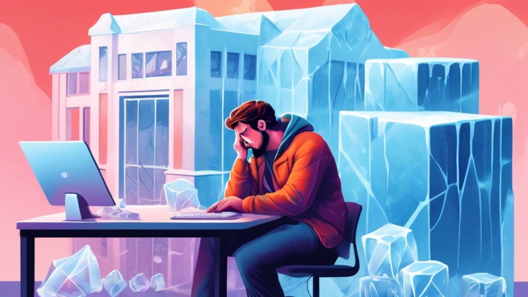 An illustration of a worried person looking at their frozen bank account on a computer screen, with a giant ice cube surrounding the bank building in the background, metaphorically representing the CRA's action.