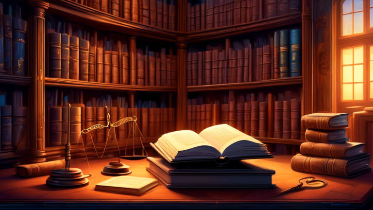 A detailed illustration of a majestic legal library, with an open ancient book in the foreground titled 'Understanding Writs of Execution', illuminated by a soft light, showcasing different sections and tools used by legal professionals, with a gavel and a scale of justice subtly integrated.