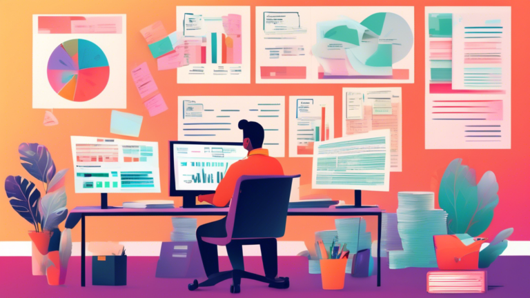 An illustration of a calm office setting where a person is sitting at a desk, surrounded by orderly stacks of bills and documents, looking at a computer screen that displays a clear, step-by-step infographic of the debt payment process.