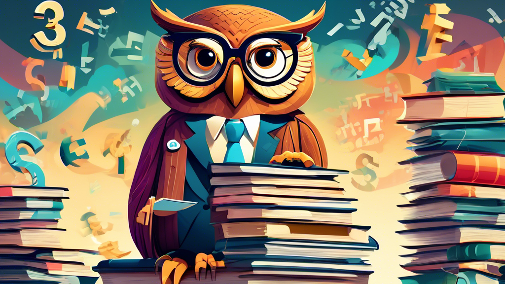 An illustration of a wise owl wearing glasses and a suit, sitting on a stack of financial books while carefully guiding a diverse group of people through a maze of towering debt documents and looming credit score numbers, under a sky filled with mathematical symbols and currency signs, symbolizing guidance and expertise in financial management.