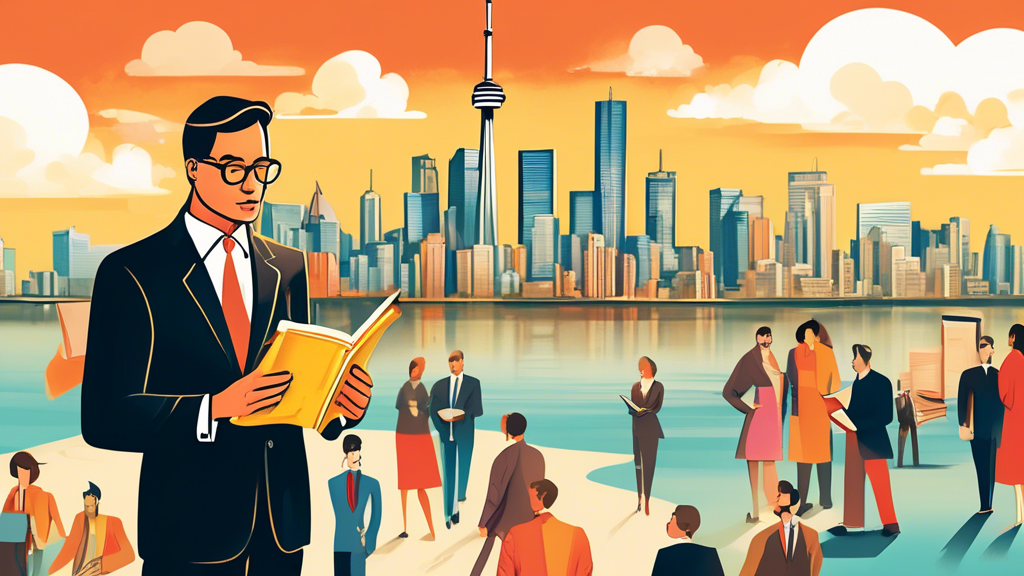 An illustration of a professional trustee in formal attire, standing in front of the iconic Toronto skyline, holding a large, golden key and a book titled 'Bankruptcy Laws,' with various people from different walks of life approaching him for guidance.