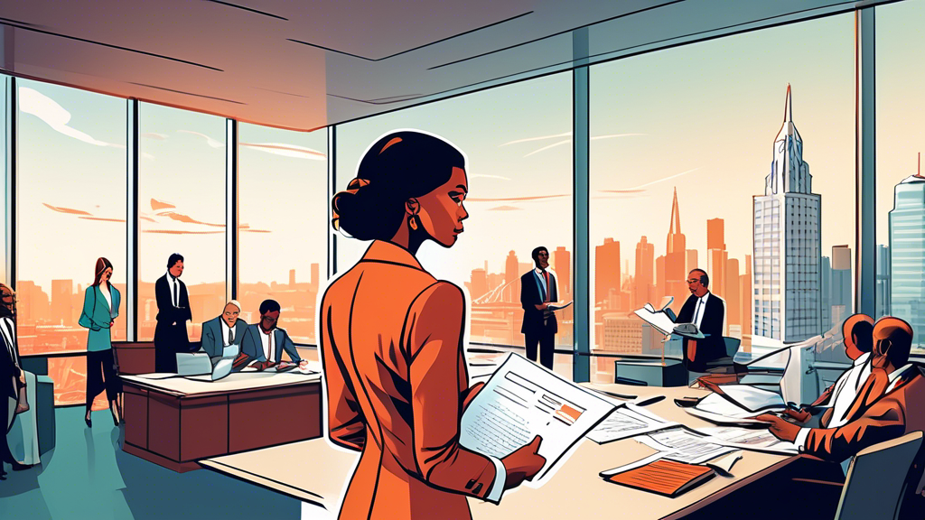 An elegant illustration of a bankruptcy trustee in Halifax, standing confidently in a modern office setting, overlooking the city skyline, while reviewing financial documents and guiding a diverse group of people through their debt relief options.