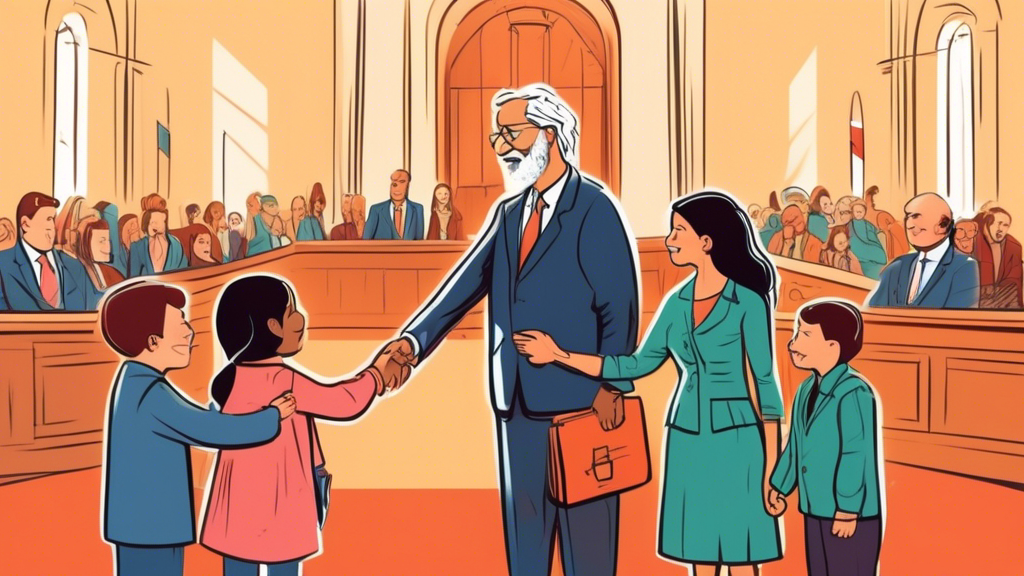 An illustrated depiction of a bankruptcy trustee in Ottawa shaking hands with a relieved family in front of a courtroom, symbolizing support and guidance, with the Canadian Parliament buildings softly outlined in the background.