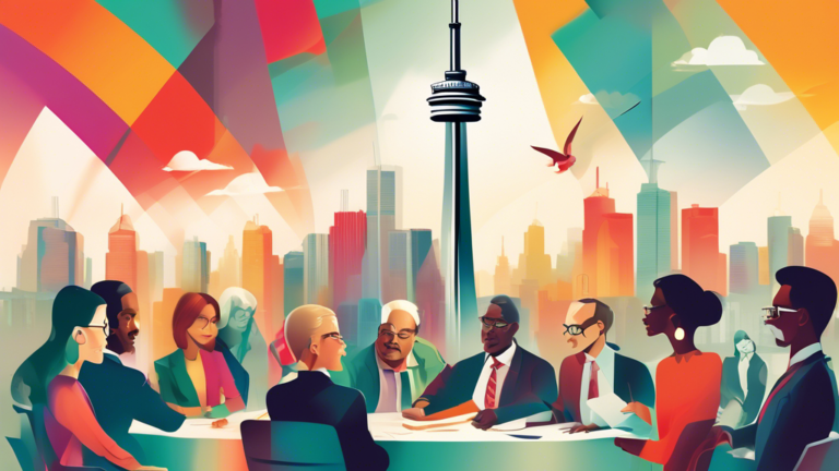 Create an image of a professional bankruptcy trustee in Toronto, Ontario, consulting with a diverse group of clients, with the iconic CN Tower in the background, illustrating the support and guidance provided in financial distress situations.