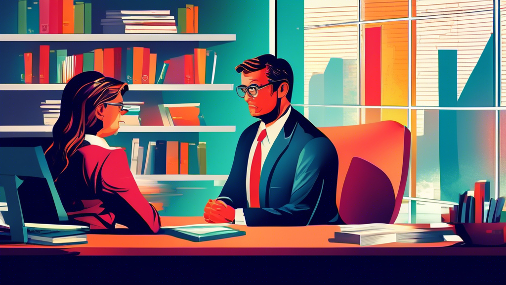 An elegant and professional debt lawyer consulting with a worried client in a modern, bright office, surrounded by legal books and a computer displaying financial charts.